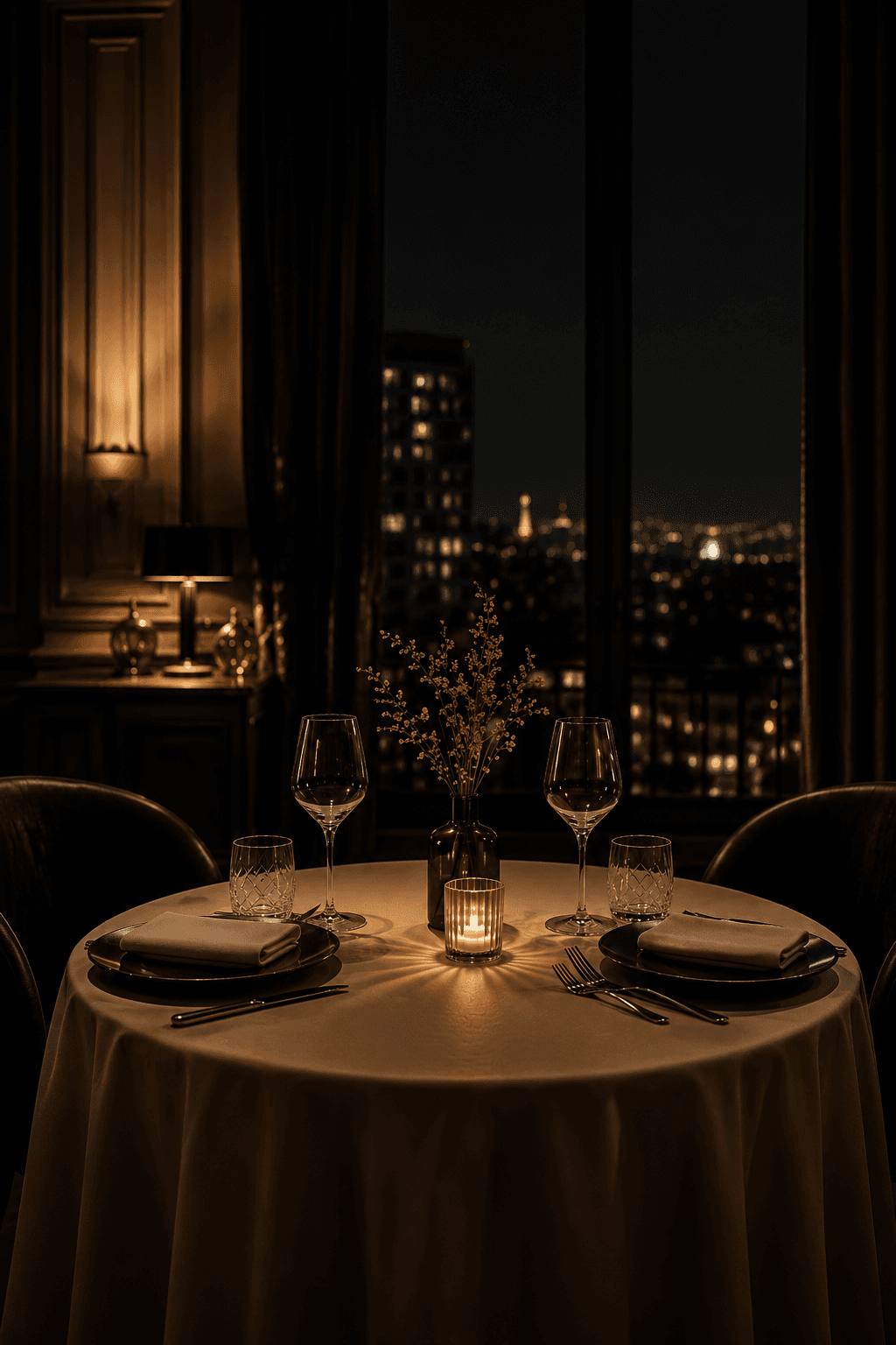 Table en tête-à-tête aux chandelles, vue sur Paris la nuit