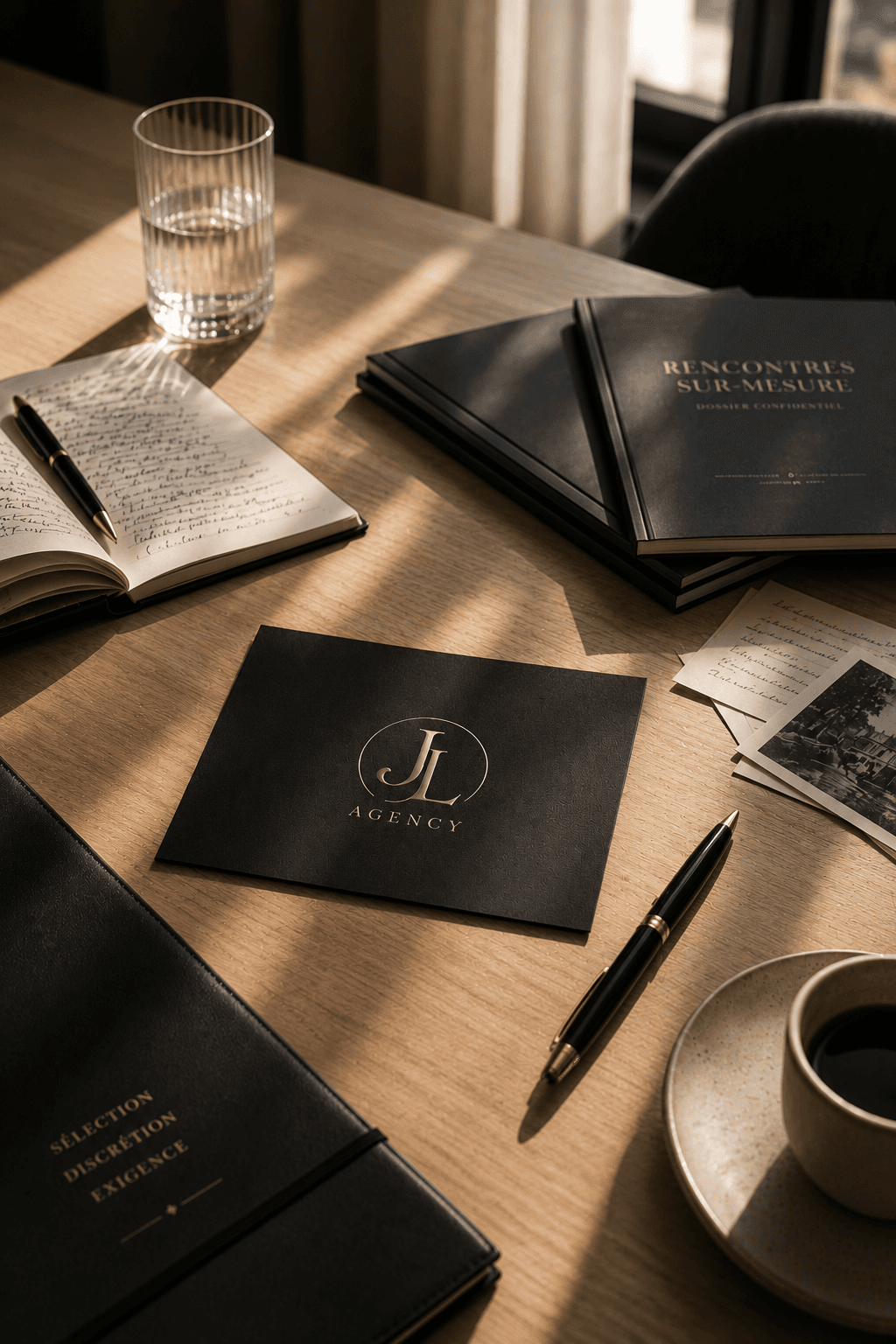 Dossier confidentiel JL Agency : carte gravée, notes manuscrites, stylo et café